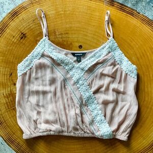 Vintage Express camisole tank top pink with white lace eyelet trim Y2K